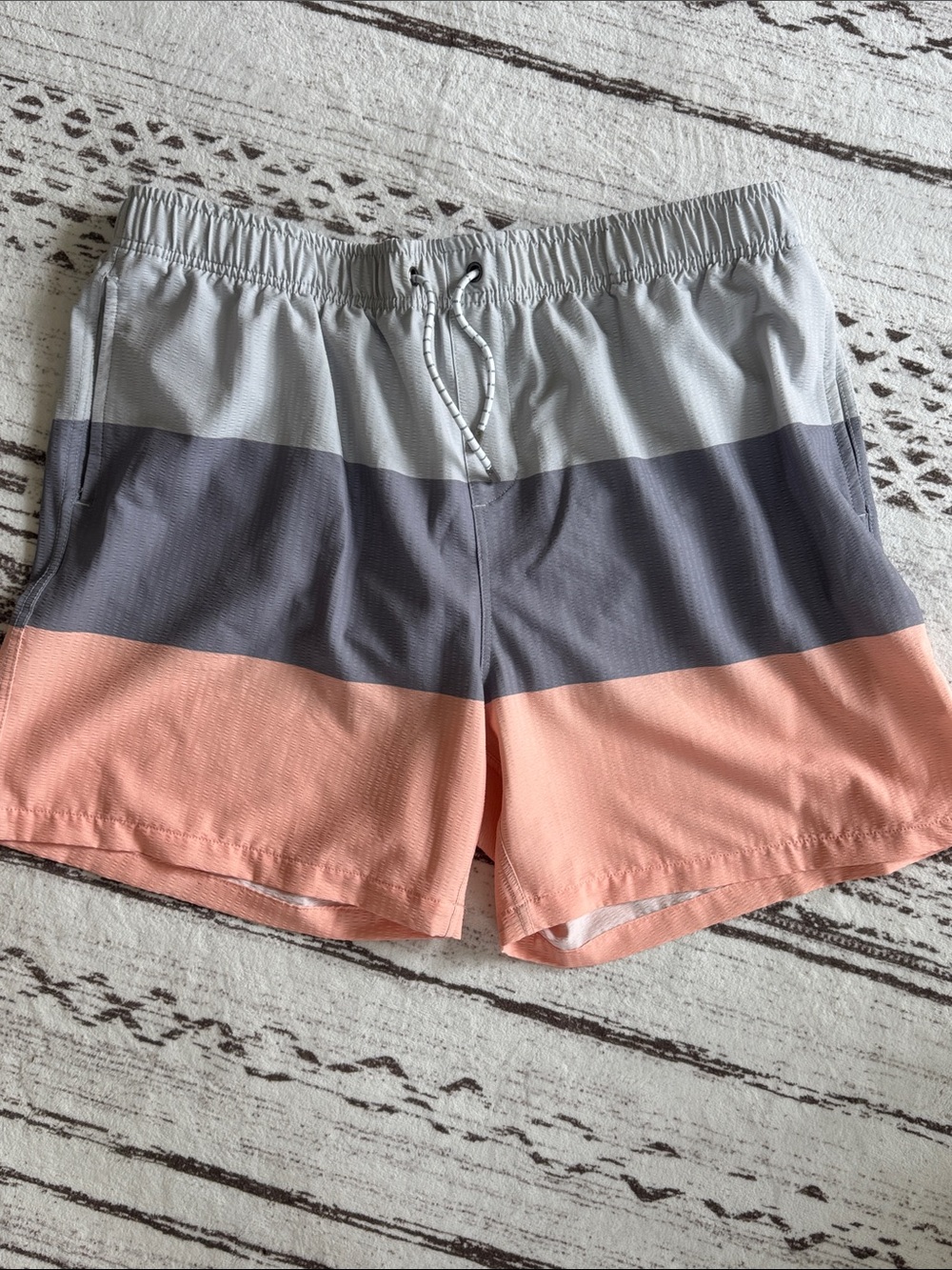 Simply Southern Men's Colorblock Swim Shorts - Light Gray, Charcoal & Peach